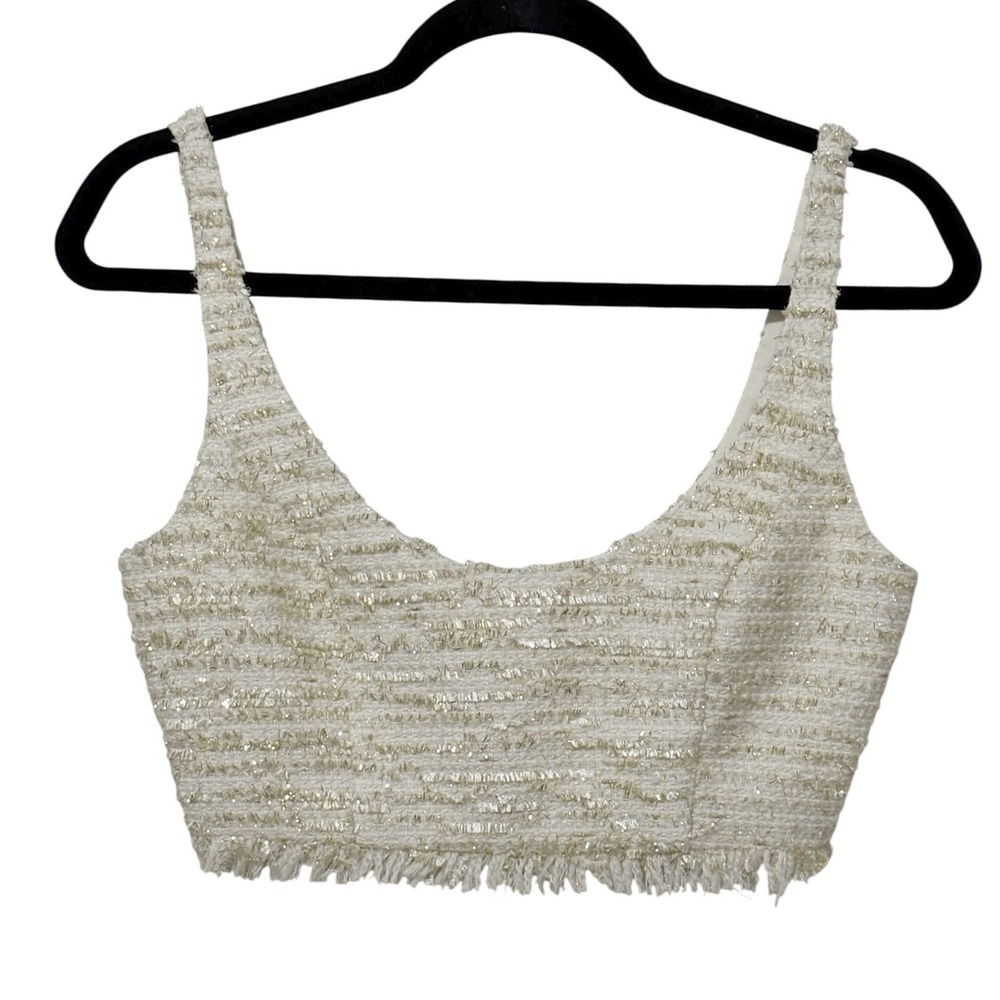 NBD - Size XS - Gold Metallic Tweed Fringe Crop Tank Top Zipper Back Scoop Neck
